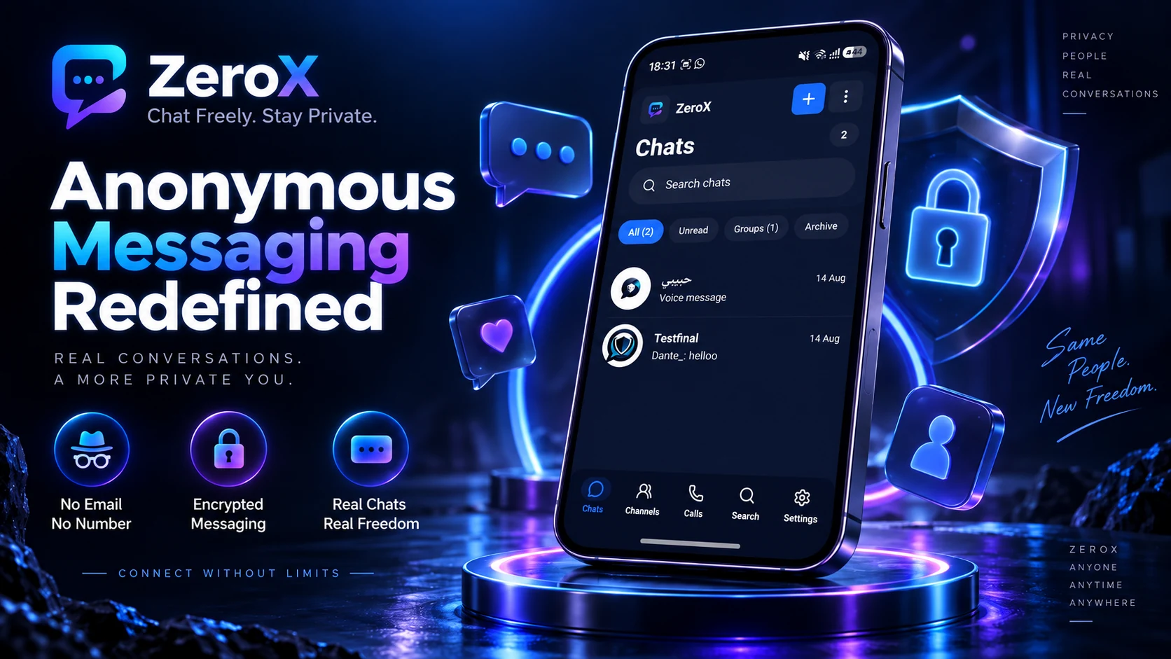ZeroX Chats app preview showing conversations, groups, and Channels navigation