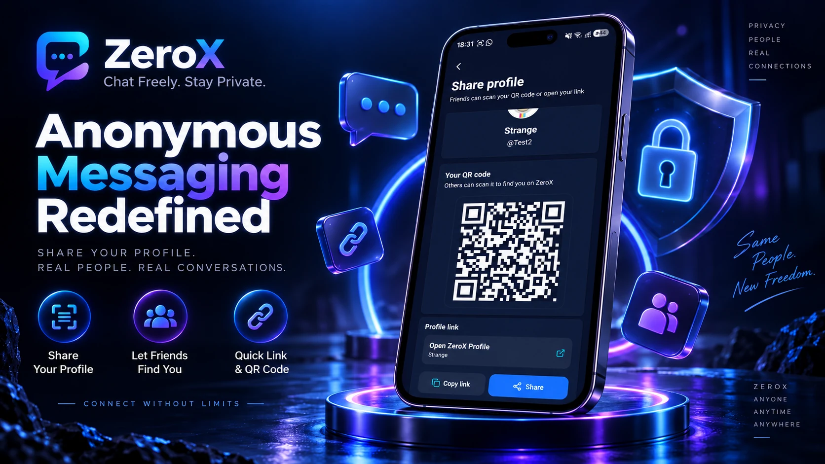 Supplied ZeroX Share profile screen showing a QR code and copy link action
