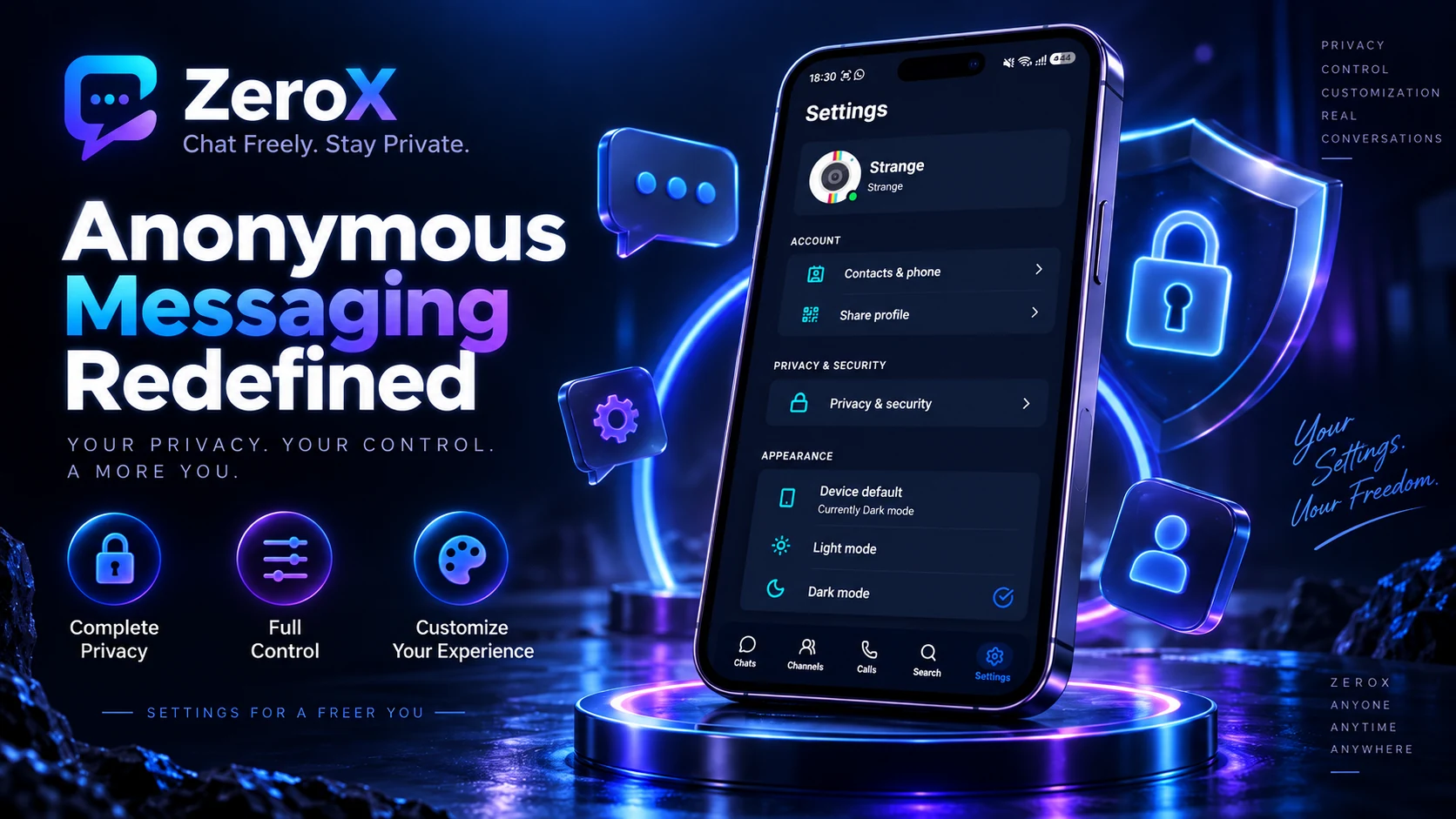 Supplied ZeroX Settings screen with privacy and appearance options